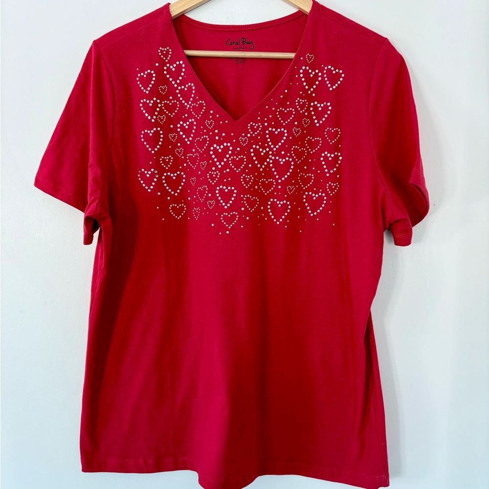 CORAL BAY 1X Red SS Shirt Heart Dot Rhinestone Design V-Neck Valentine